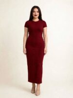 ⁦فستان بيزك ضيق مضلع بأكمام قصيرة | 5 ألوان⁩ - الصورة ⁦3⁩