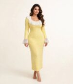 ⁦فستان ميدي تريكو بياقة وأكمام دانتيل | 4 ألوان⁩ - الصورة ⁦3⁩